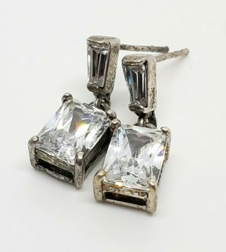 Vintage Signed 925 Sterling Silver Faceted Crystal Gem Modernist Dangle Earrings