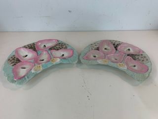 Antique French Majolica Half Moon Porcelain Pink And Blue Oyster Plates