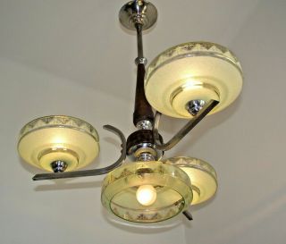 French Art Deco Modernist Style 4 Light Chandelier In Glass Wood & Chrome 1704