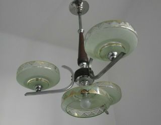 French Art Deco Modernist Style 4 Light Chandelier In Glass Wood & Chrome 1704 2
