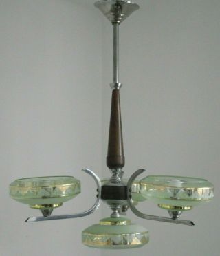 French Art Deco Modernist Style 4 Light Chandelier In Glass Wood & Chrome 1704 3