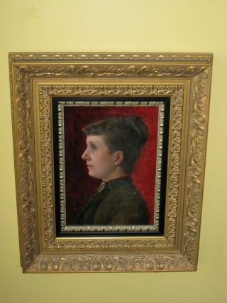 Antique Hand Painted Victorian Portrait Painting Young Lady