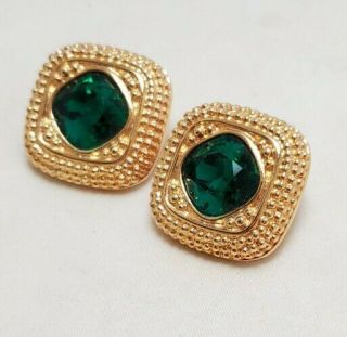 Vtg Swarovski Earrings Green & Clear Crystal Rhinestones Gold Tone Swan Signed