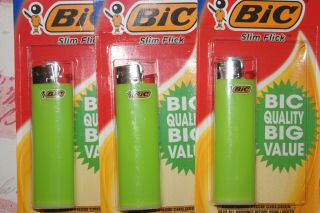 Bic Lighters " Slim Flick " Set Of (3) Neon Green Collectible In Package