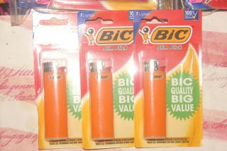 Bic Lighters " Slim Flick " Set Of (3) " Orange " Collectible In Package (uat - 9)