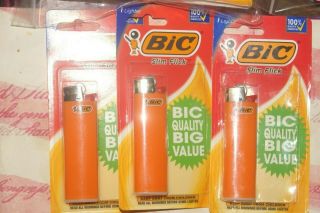 Bic Lighters " Slim Flick " Set Of (3) " Orange " Collectible In Package (uat - 8)