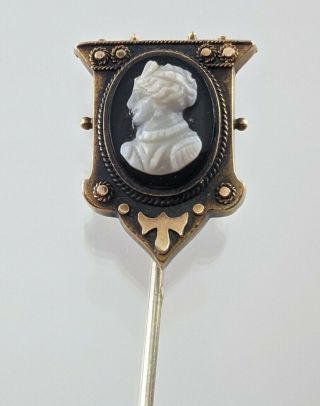 Old Antique 10k Gold White On Black Cameo Stick Pin Hat Pin 4.  1g Victorian