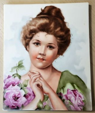 Vintage Large 10 " X8 " Signed Porcelain Painting Woman Portrait Plaque