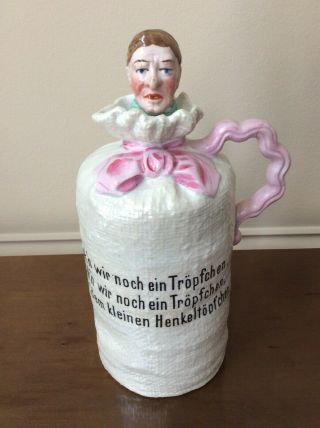 Antique/vintage German Porcelain Jug/bottle W Cork Bottle Stopper Of Womans Head