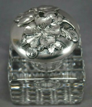 Gorham Sterling Silver Art Nouveau Repousse Floral & Cut Crystal Inkwell Ink Pot