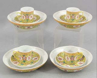 Antique Chinese Export Yellow Porcelain Teacups,  Saucers & Bowls