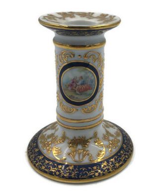 Vintage Porcelain Limoges Pillar Candle Stick Gold Gilt Blue Courting Couple