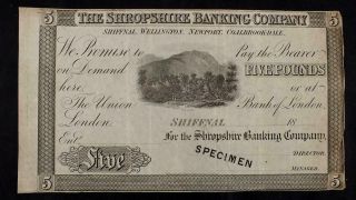 C1840 Antique Shropshire Banking Company,  Shiffnal,  Specimen Five Pound Note