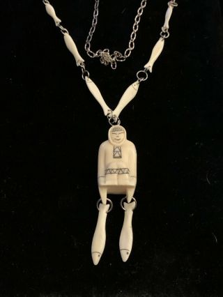 Antique Inuit Carved Eskimo And Fish Sterling Necklace