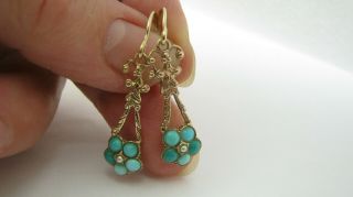 Antique 9ct Turquoise & Seed Pearl " Forget Me Knot " Dangling Earrings