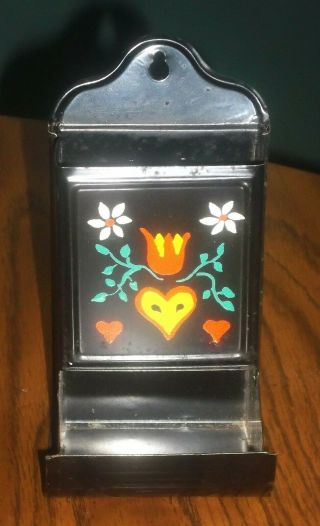 Vintage Metal Wall Match Box Holder W/ Hand Painted Folk Art Hearts Flowers