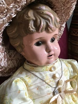 21 1/2” Minerva Tin Head Antique Doll - Germany - Dressed