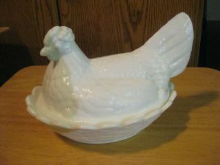 Vintage " Fenton " Milk Glass Hen On Woven Basket Design Nest