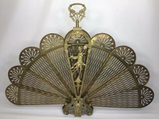 Vintage Antique Ornate Brass Peacock Fireplace Fan Folding Screen Lady Art Deco