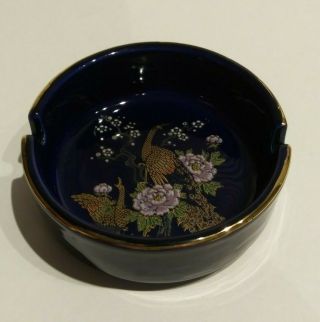 Vintage Cobalt Blue Ashtray Peacocks Floral Design Gold Trim Japan