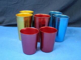 Vtg Set Of 7 Aluminum Bascal Tumblers 5 4.  5 " And 2 3 1/4 " Blue Gold Red