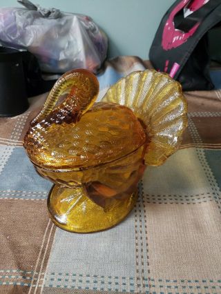 Vintage L.  E.  Smith Large Amber Pressed Glass Nesting Turkey Candy Nuts Dish 2