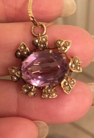 Antique 14k Yellow Gold Amethyst & Seed Pearl Pin Pendant And Chain