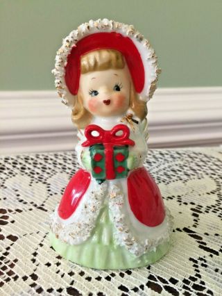 Vintage Lefton Christmas Angel Bell Girl Holding Present Figurine Porcelain