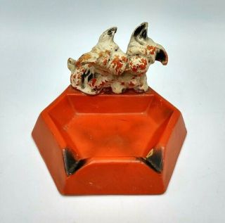 Vtg Hand Painted Ceramic Scottish Highland Terrier Dog Orange Ashtray