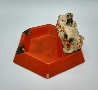 Vtg Hand Painted Ceramic Scottish Highland Terrier Dog Orange Ashtray 2