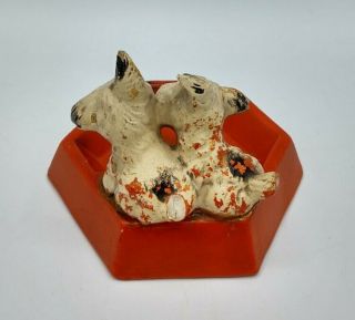 Vtg Hand Painted Ceramic Scottish Highland Terrier Dog Orange Ashtray 3