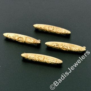 Set of 4 Matching Antique Victorian 14k Yellow Gold Hand Engraved Bar Pin Brooch 2