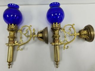 Vtg Antique Gothic Pair Brass Wall Sconce Candle Light Fixture Sign Blue Shade