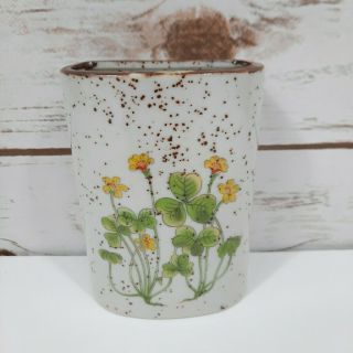 Vintage Speckled Ceramic Match Holder Wall Pocket Yellow Wildflower