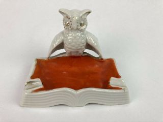 Vintage Owl On A Book Ceramic Ashtray Orange Gold Made In Japan 4.  5 "