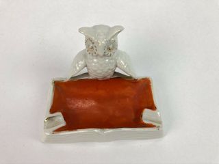 Vintage Owl on a Book Ceramic Ashtray Orange Gold Made in Japan 4.  5 