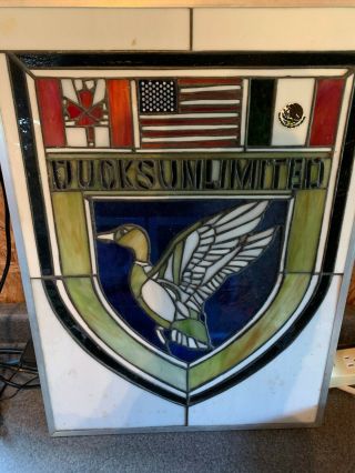 Gorgeous Colorful Vintage Ducks Unlimited Stained Glass Panel Sign Logo Rare Ook