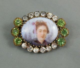Antique Vintage Asian Export Rhinestone Hand Painted Porcelain Girl Brooch Pin