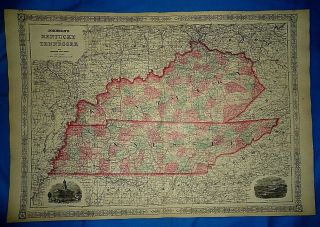 Vintage Civil War Period 1864 Map Kentucky Tennessee Old Antique & Authentic