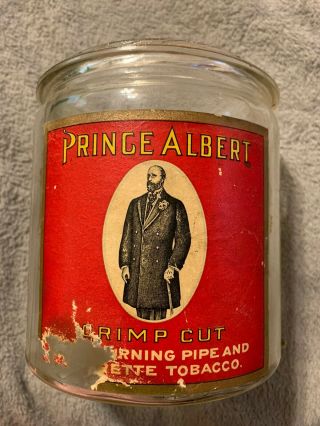 Antique Paper Label Prince Albert Glass Crimp Cut Tobacco Jar No Lid Of Nc