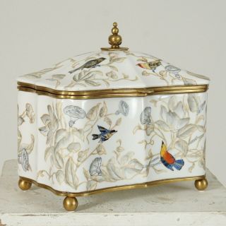 French Porcelain Box With Lid Brass Handles And Feet White Birds Hand Painted
