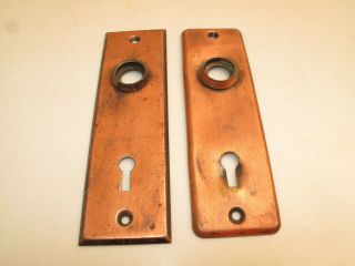 Pair Vtg Antique Door Knob Backplate Plain Copper Arts & Crafts 5 1/2 "