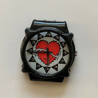 Vintage Men ' s Unisex Swatch Watch Face Black with Red Heart and Thorns 2