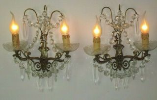 Pair Double Antique French Bronze Crystal & Glass Wall Sconces 1898