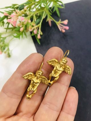 Estate Vintage Gold Brushed Cherubs Earrings 1 " T