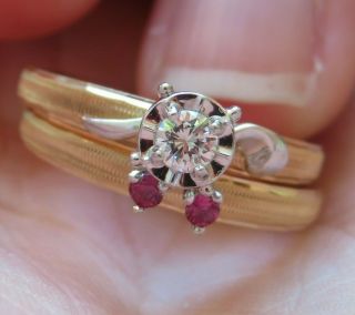 14k Antique Vintage Keepsake Vs Natural Diamond Ruby Engagement Wedding Ring Set