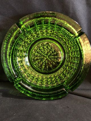 Vintage Green Glass Ash Tray Heavy Retro 8 1/2 " In Diameter
