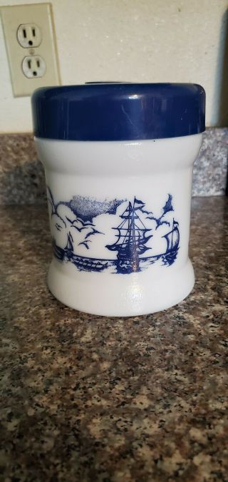 Vintage Milk Glass Pipe & Tobacco Jar/humidor Blue Sailboat Windmill Design
