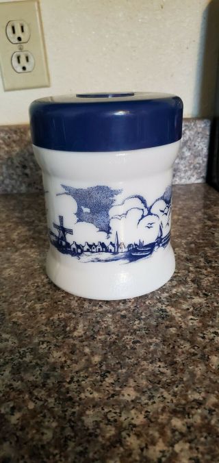 Vintage Milk Glass Pipe & Tobacco Jar/Humidor Blue Sailboat Windmill Design 2