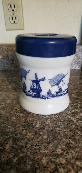 Vintage Milk Glass Pipe & Tobacco Jar/Humidor Blue Sailboat Windmill Design 3